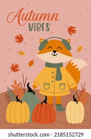 autumn poster with cute fox and pumpkins
