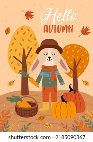 autumn poster with cute hare and harvest 