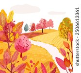 Autumn poster with a cute landscape. Hill with a clearing and a raspberry bush. Hand drawn vector illustration. Red trees and plants near the path. Textured flat illustration. 