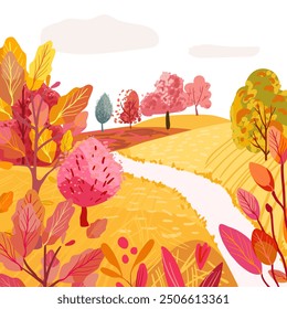 Cartel de otoño con un paisaje lindo. Colina con un claro y un arbusto de frambuesa. Ilustración vectorial dibujada a mano. Árboles y plantas rojas cerca del camino. Ilustración plana texturizada. 