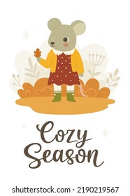 Autumn poster with cute mouse girl. Cozy autumnal card with little dressed mouse and calligraphy lettering.