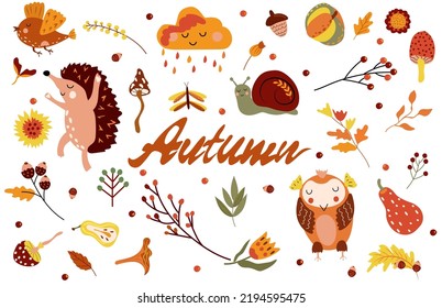 Autumn poster with a dancing hedgehog, funny snail, cute owl and Autumn elements, leaves, berry,flowers and other. Perfect for web, harvest festival, banner, card and Thanksgiving. Vector