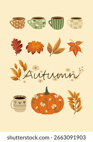 Cartel de otoño con Elementos y una inscripción. Ilustración vectorial.
