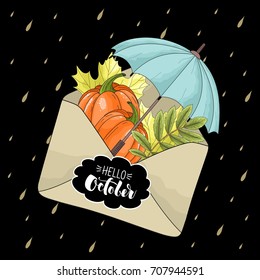 Autumn poster with envelope, leaves. For advertising, blogs and websites. Vector illustration.