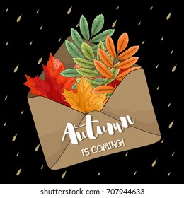 Autumn poster with envelope, leaves. For advertising, blogs and websites. Vector illustration.