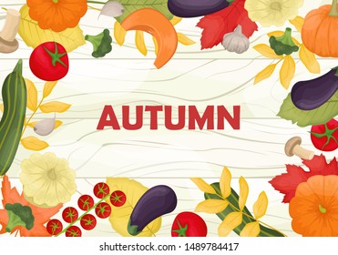 The Autumn poster with fallen leaves and the harvest of vegetables. White wooden background.  