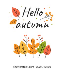 Autumn poster with foliage. Green, orange and yellow leaves. Nature and flora, biology and botany. Graphic element for website, design for greeting postcard. Cartoon flat vector illustration