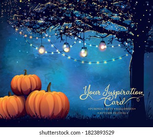 Autumn poster with holiday light bulbs and pumpkins for party, halloween or festival.