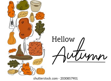 Autumn poster with the inscription in English, hello autumn. Stylized images of trees, shrubs and vegetables in autumn colors. Doodle. Print for postcards and banners.