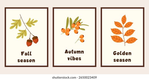 Autumn poster for interior design. Autumn simple poster set. Autumn flyer illustration set. Vector banner fall elements. Vector illustration