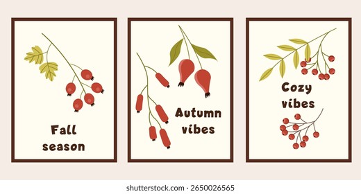 Autumn poster for interior design. Autumn simple poster set. Autumn flyer illustration set. Vector banner fall elements. Vector illustration with rose hips and rowanberries