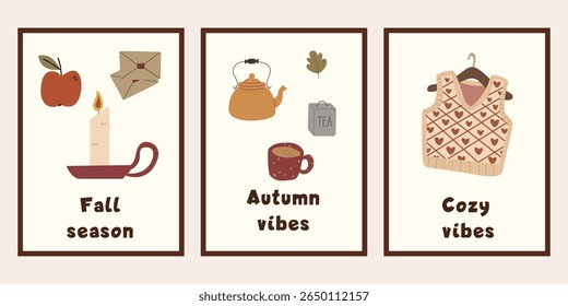 Autumn poster for interior design. Autumn simple poster set. Autumn flyer illustration set. Vector banner fall elements.
