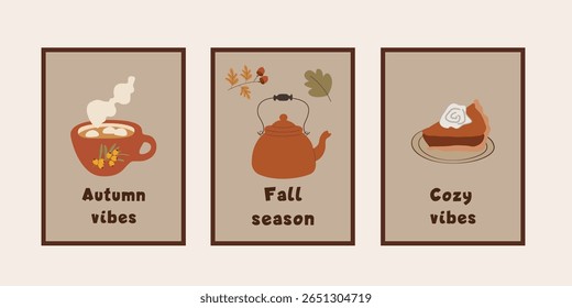 Autumn poster for interior design. Autumn simple poster set. Autumn flyer illustration set. Vector banner tea time elements.