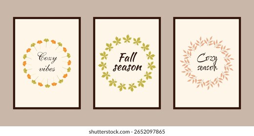 Autumn poster for interior design wreaths of fall leaves Autumn simple poster set Autumn flyer illustration set Vector banner fall elements. Vector illustration