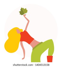 Autumn poster. Isolated Dancing young woman with autumn leaf. Vector Illustration with girl in modern flat style. Design concept 