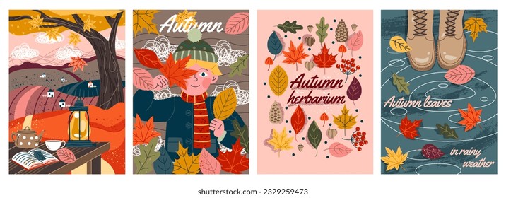 Afiche de otoño con hojas puestas. Afiches abstractos con ambiente acogedor, clima lluvioso, niño, paisaje de pueblo y libro. Pancarta de naturaleza rural y estación caduca. Ilustraciones del vector plano de dibujos animados