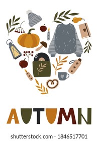 Afiche de otoño con letras y elementos acogedores. Ilustración de caída gigante para tarjeta, afiche, invitación, decoración de habitación u otro diseño de otoño. Ilustración de estilo plano.