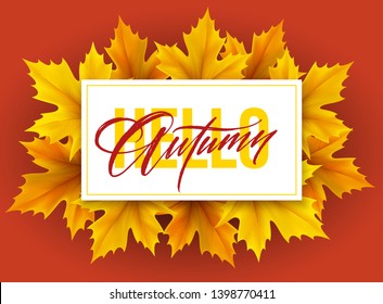 Autumn poster with lettering and yellow autumn maple leaves. Vector illustration EPS10