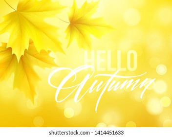Autumn poster with lettering and yellow autumn maple leaves. Vector illustration