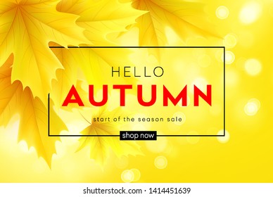 Autumn poster with lettering and yellow autumn maple leaves. Vector illustration