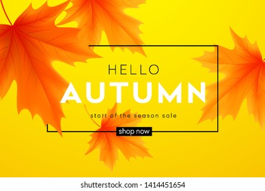 Autumn poster with lettering and yellow autumn maple leaves. Vector illustration