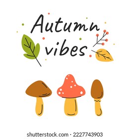 Autumn poster with mushrooms. Symbols of seasons and forest. Plants, biology and botany. Natural and organic products. Invitation and greeting postcard design. Cartoon flat vector illustration