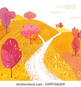 Cartel de otoño con un camino y campos amarillos en una colina. Vector dibujado a mano. Árboles rojos y naranjas en la carretera. Ilustración plana texturizada. Imprimir en tazas, cuaderno y portadas de libros.