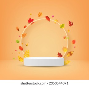 Autumn Poster And Podium With Leaves With Gradient Mesh, Vector Illustration