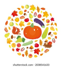 Autumn poster with pumpkin, fruits, vegetables, hedgehog, squirrel, leaves arranged in a circle isolated on white. Harvest, thanksgiving. Design elements, decoration, print, invitation, greeting card