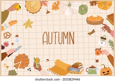 Autumn Poster With Seasonal Food And Cozy Hygge Home Decor. Autumn Thanksgiving Dinner, Holidays, Invitation Card. Top View. Editable Vector Illustration.