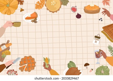 Autumn poster with seasonal food and cozy hygge home decor. Autumn Thanksgiving dinner, holidays, invitation card. Top view. Editable vector illustration.