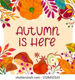 Autumn poster with seasonal vegetables and fruits: pumpkin,forest mushrooms,tree branches,apples,pomegranates,plants,leaves,berries,acorns.Harvest season.Trendy fall vector illustration.