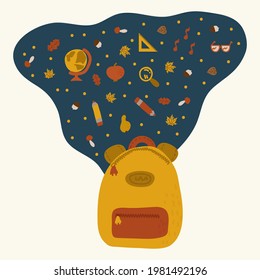 Afiche de otoño para el 1 de setiembre. Concepto de antecedentes para la escuela. Una mochila con artículos para que los niños estudien. Follaje de Doodle Otoño, regla, globo, lápices. Ilustración del vector