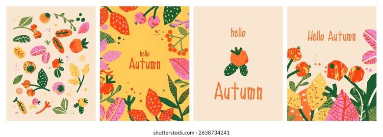 Autumn poster set with grunge texture. Thanksgiving and Harvest Day. Card with cutout collage element. Vector illustration for advertising, sales, web and social media, print.
