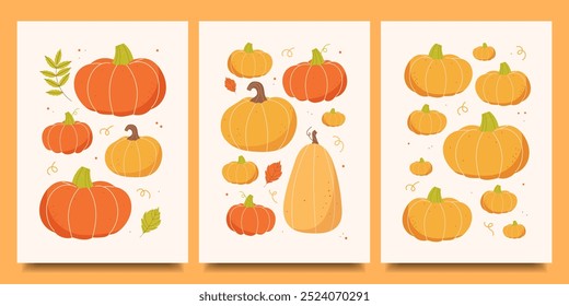 Autumn poster set. set of postcards with cute pumpkins in a flat style. Fall concept