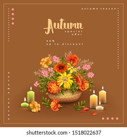 Autumn poster template with a basket filled with autumn flowers, lighted candle and fallen petals