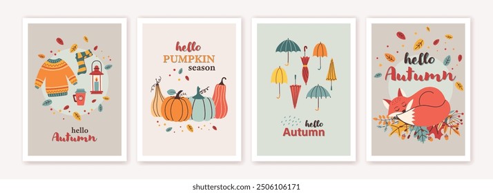 Herbstplakat-Schablonensammlung im flachen Design. Herbst, Thanksgiving Tageskarte oder Hintergrund im trendigen Stil. Vektorgrafik.

