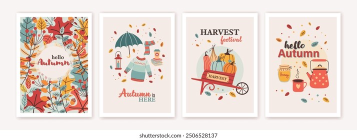 Autumn poster template collection in flat design. Fall, Thanksgiving day card or background set in trendy style. Vector illustration.
