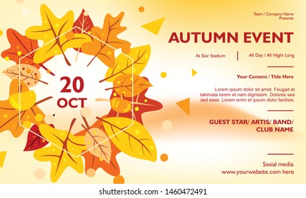 Autumn poster template for music event, festival, party, concert. Banner layout with maple leaves shape on glowing background. Vector illustration for publication