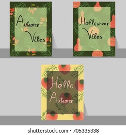 Autumn poster template set.Greeting cards set.Pattern background with colorful oak leaves,pumpkins and peaches.Hello autumn,Halloween vibes hand writing typography.Vintage design.Vector illustration.