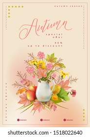 Autumn poster template with white pitcher, bouquet of flowers and autumn leaves