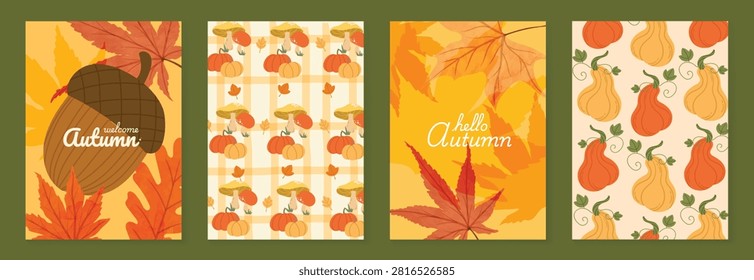  Autumn poster templates and patterns vector set. Seasonal fall illustrations with leaves, pumpkin, flowers and botanical elements for greeting card, cover, print, wall art and background.