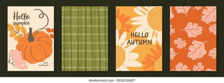  Autumn poster templates and patterns vector set. Seasonal fall illustrations with leaves, pumpkin, flowers and botanical elements for greeting card, cover, print, wall art and background.