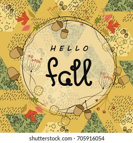 Autumn poster template.With fall leaves,rain textured triangles.Geometric Pattern with Forest design elements.For poster,greeting,invitation cards,web page background.Vector illustration.