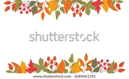 Autumn poster with top and bottom borders of colorful leaves and red berries in flat cartoon style. Ideal for greeting card, harvest design, thanksgiving celebration, and rustic fall decoration.