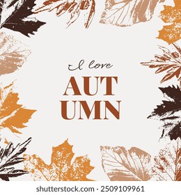 Cartaz de outono com folhas de outono traçadas. Eu adoro fundo de outono, capa, banner, design de folheto. Modelo para publicidade, web, mídia social. Ilustração vetorial