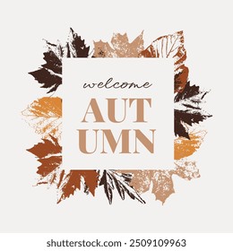 Autumn poster with traced fall leaves. Welcome autumn background, cover, banner, flyer design. Template for advertising, web, social media. Vector illustration