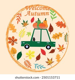 Autumn poster vector. Bright leaves and gifts of autumn. Pumpkins, mushrooms and nuts.