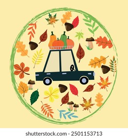 Herbstplakatvektor. Helle Blätter und Geschenke des Herbstes. Kürbisse, Pilze und Nüsse.