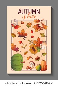 Autumn poster with vector illustration of fall elements. Pumpkins, leaves, mushrooms. Background with pattern for poster, card. Warm autumn concept.	